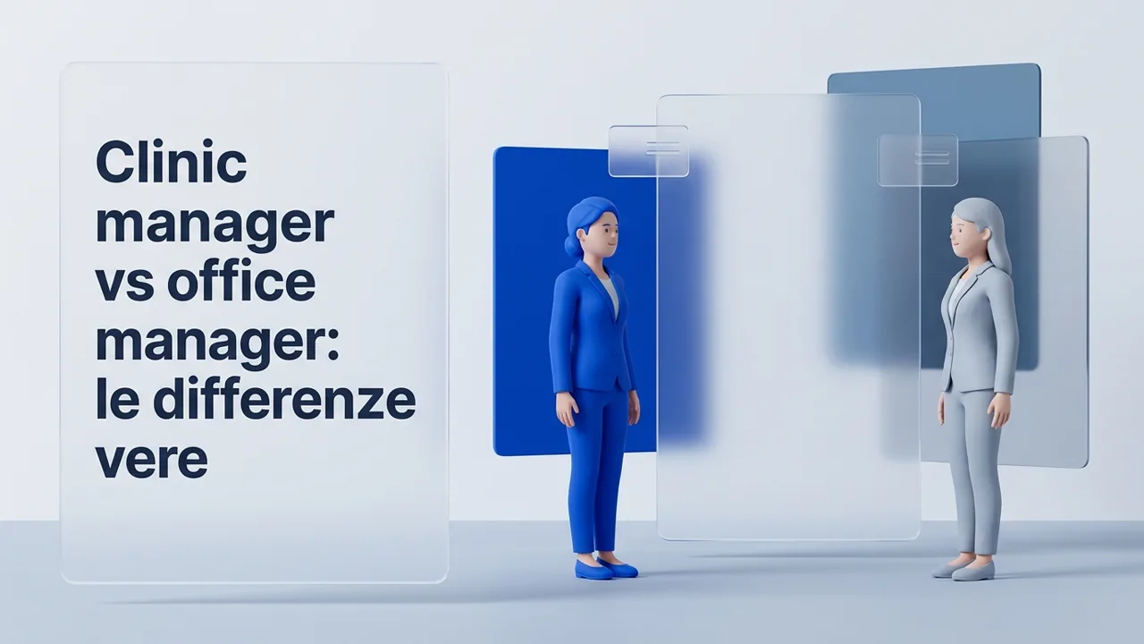 Clinic manager vs office manager: due figure stilizzate ai lati di un pannello di vetro in uno studio odontoiatrico