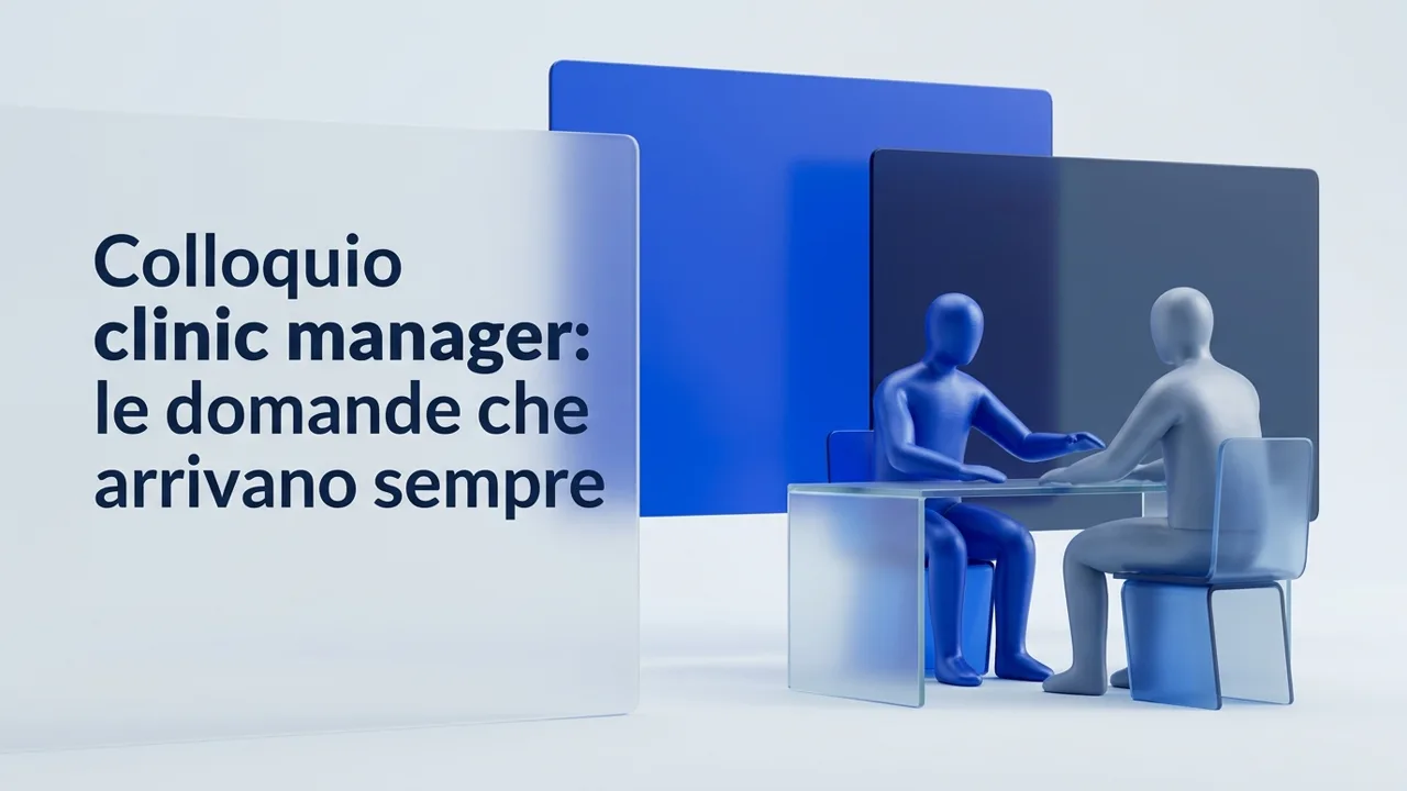 Colloquio clinic manager: due figure sedute a un tavolo in uno studio odontoiatrico moderno