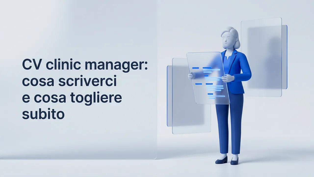 CV clinic manager: pannelli di vetro con un curriculum e indicatori accanto a una figura stilizzata