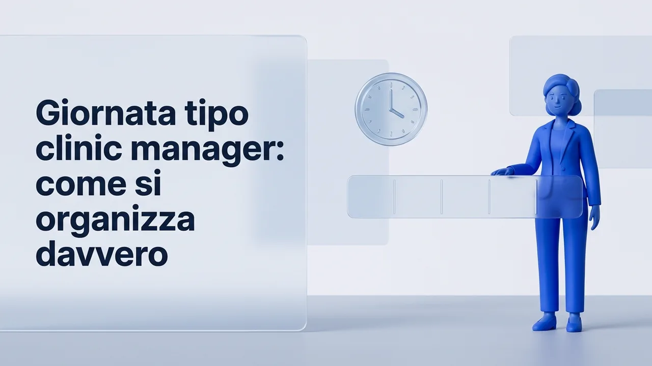 Giornata tipo clinic manager: griglia oraria in vetro smerigliato accanto a una figura stilizzata in uno studio odontoiatrico